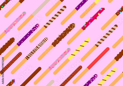 Seamless pattern for Pepero day celebration romantic event banner illustration vector. Pepero sticks set, collection. Chocolate Biscuit Sticks. Pocky straw stick