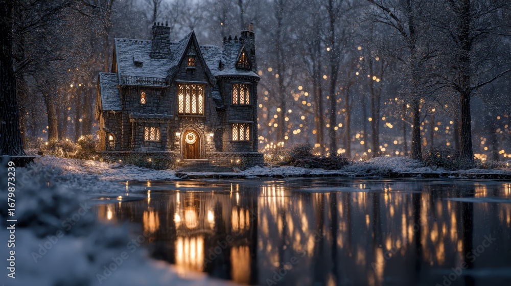 Fototapeta premium Winter snowy house with glowing windows by icy lake, surrounded by fairy lights on trees, magical holiday scene, peaceful atmosphere, reflection on frozen water