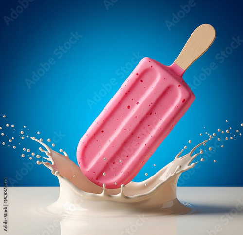 Vibrant pink popsicle creating a dynamic splash in creamy liquid with red swirls, capturing a refreshing and delicious moment