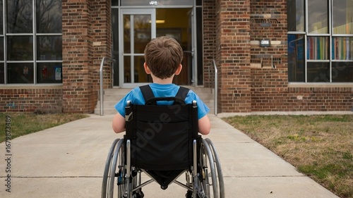 A first-grader in a wheelchair in front of the school entrance, symbolizing accessibility, inclusivity, and equal opportunities in education