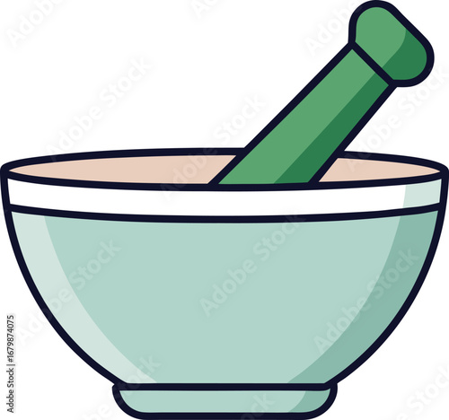 Mortar and pestle icon on a white background, symbolizing traditional grinding and mixing tools in cooking or pharmacy.