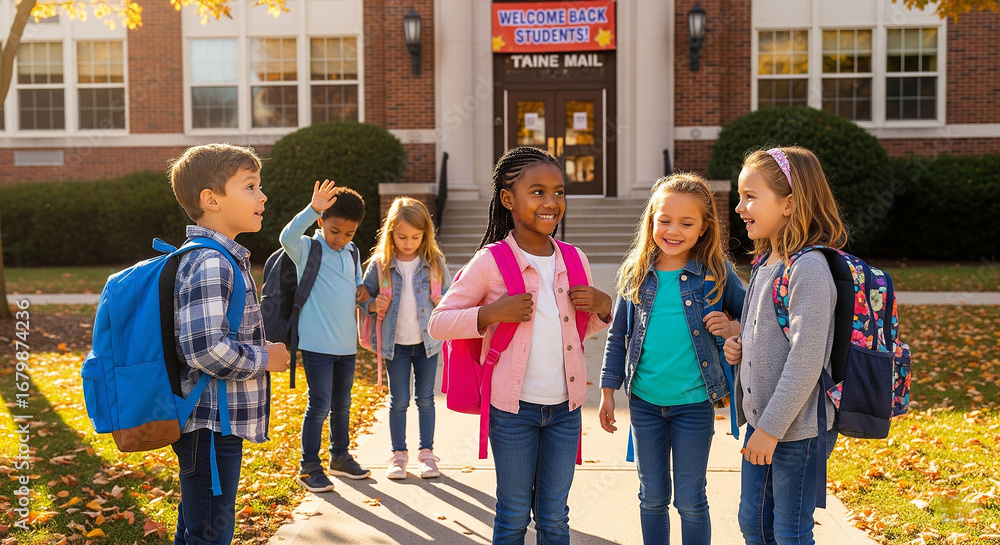 Fototapeta premium A group of diverse and happy students with backpacks standing in front of a school building on a sunny autumn day