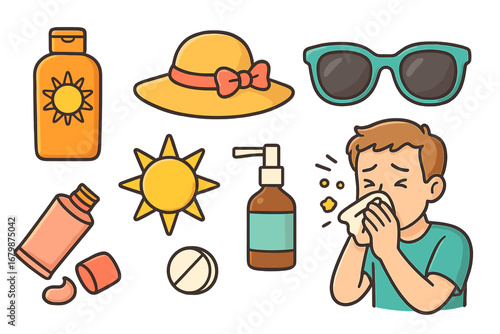 Vector set of summer essentials and seasonal allergy icons. Sunscreen, hat, sunglasses for sun protection and a sneezing boy, pills, spray for hay fever. Cartoon illustration.