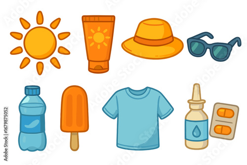 Summer essentials vector icon set. Sun protection items like sunscreen, hat, sunglasses. Hydration with water, ice cream. Allergy remedies, nasal spray, pills. Cartoon style.