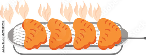 A grill with several pieces of chicken cooking on it, set against a plain white background.