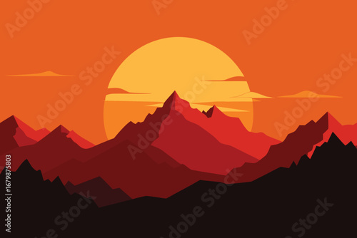 A vibrant sunset casts an orange sky over majestic mountains, creating a serene and picturesque landscape.