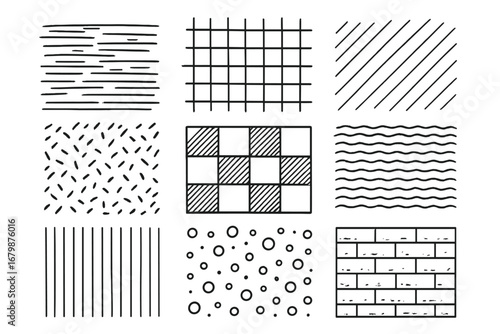 Set of hand-drawn textures. Doodle patterns collection with lines, grid, stripes, dots, and waves. Simple abstract monochrome vector backgrounds for graphic design elements.
