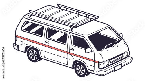 Vintage minivan with rooftop cargo carrier, illustrated in a retro style