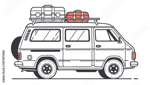 Vintage camper van packed for adventure with luggage on the roof rack