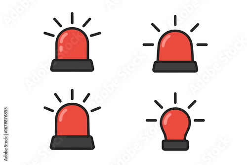 Emergency siren icon set. Flashing red light collection for police, ambulance, or fire department alerts. Vector cartoon illustration of alarm and warning signals.