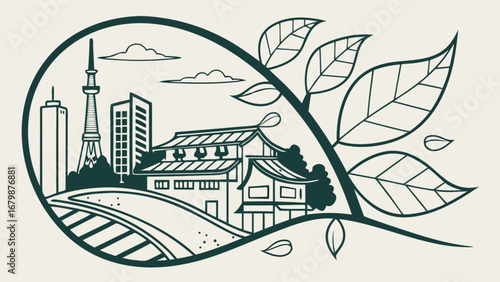 Urban nature blend, city skyline with leafy branches creating a harmonious scene