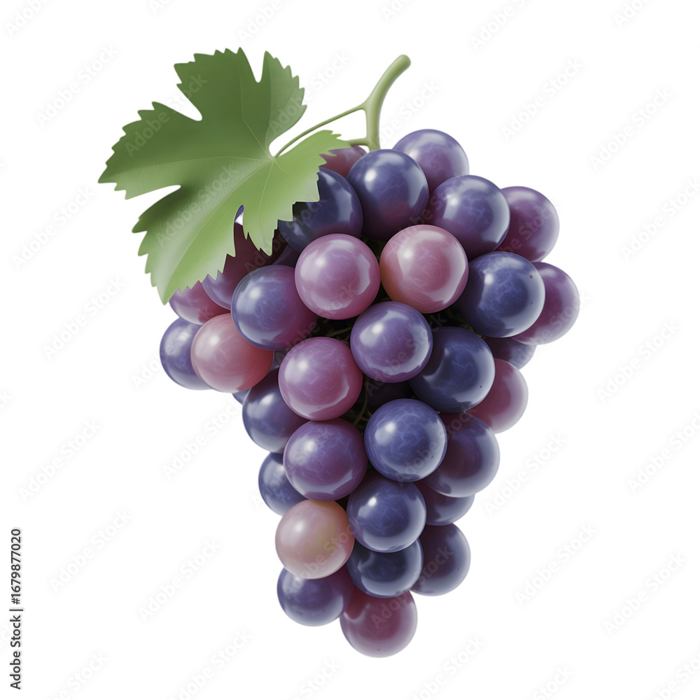 Fototapeta premium Purple Grapes Bunch with Leaf 3D Realistic Vector Illustration Isolated on Transparent Background. Grapes PNG, Grape Png Icon, Adobe illustration.