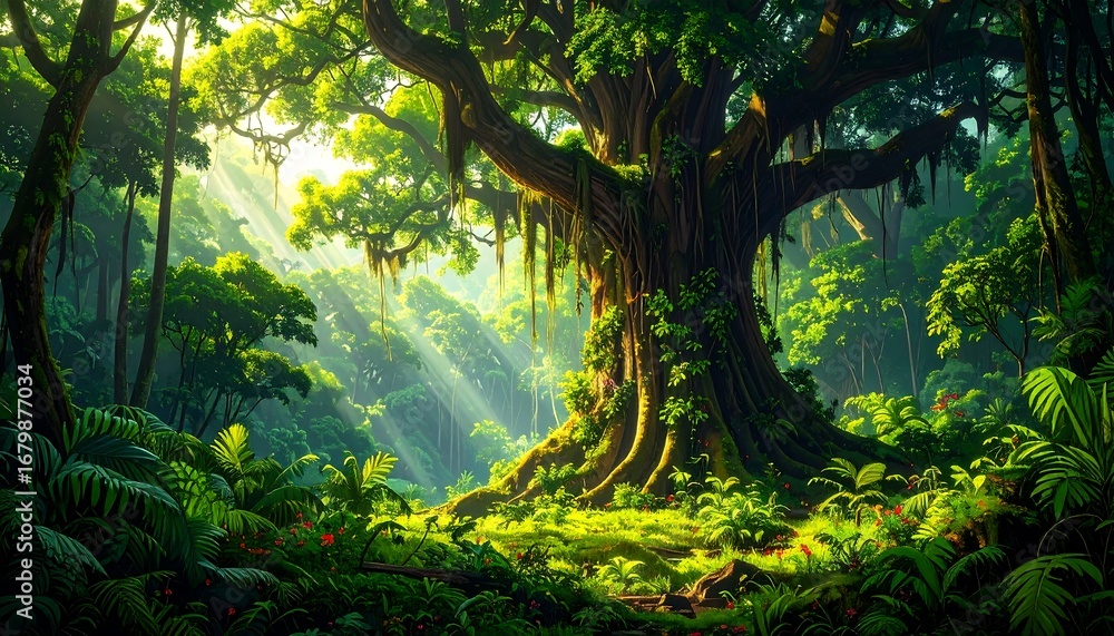 Fototapeta premium Lush jungle scene with giant tree