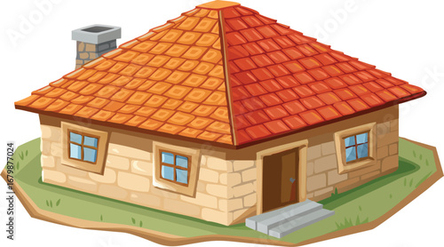 A cartoon-style house featuring a bright red roof and simple, colorful design.