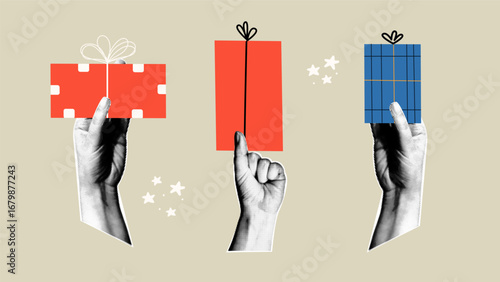 Set of retro collage with halftone hands holding presents. 
