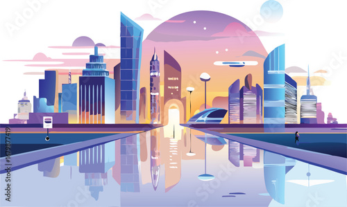 An illustration of a vibrant cityscape featuring buildings alongside a body of water under a clear blue sky.
