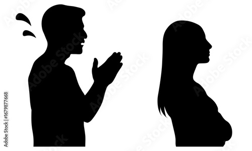 女性に謝る男性とそっぽを向く女性のシルエット