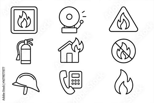Fire safety linear icon set. Emergency, hazard, and warning signs collection. Firefighter equipment, alarm, extinguisher, and flame symbols. Vector outline illustration.