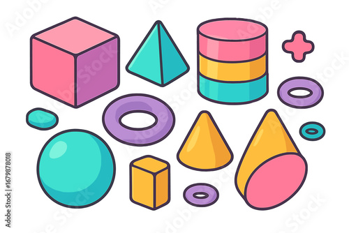 Isometric 3D geometric shapes set. Collection of colorful basic forms in pastel colors. Vector cartoon illustration of cube, sphere, pyramid, cone, torus for abstract design.
