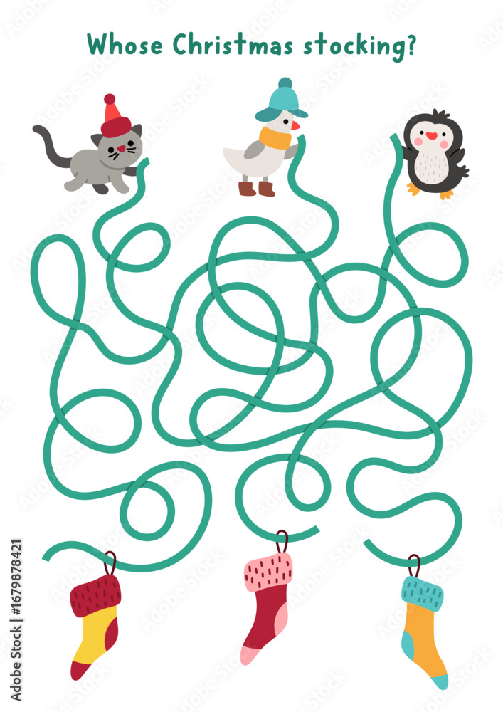 Naklejka premium Christmas village maze for children with cute animals and stockings. Funny labyrinth game with tangled string with gift socks, penguin, goose, cat. Winter holiday printable activity, worksheet