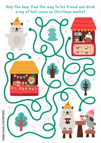 Christmas village maze for children with cute bear searching way to friend to drink hot cocoa. Funny labyrinth game with animal, fair, coffee shop. Winter holiday printable activity, worksheet