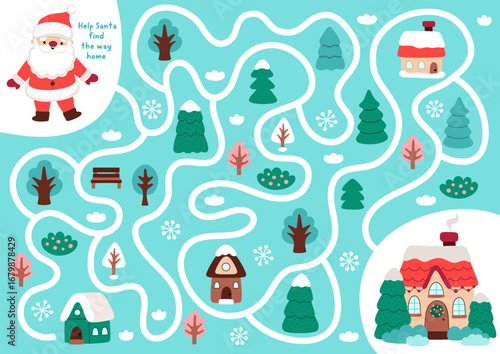 Christmas village maze for children with cute Santa Claus searching his way home. Funny detailed labyrinth game with Father Frost, snowy house. Winter holiday printable activity, worksheet