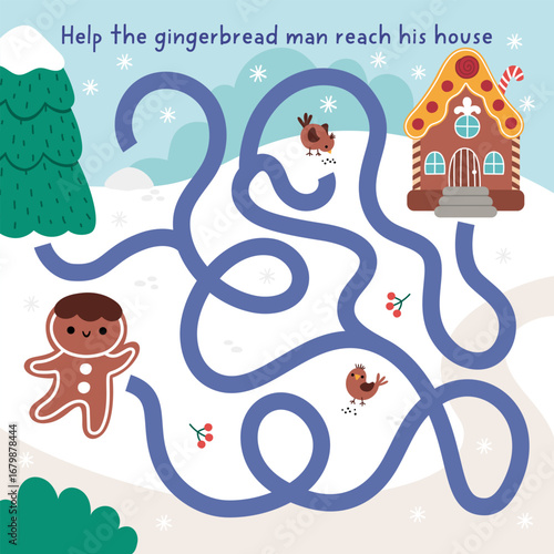 Christmas village maze for children with gingerbread man searching his house. Funny labyrinth game with traditional cookie and his home. Winter holiday printable activity, worksheet
