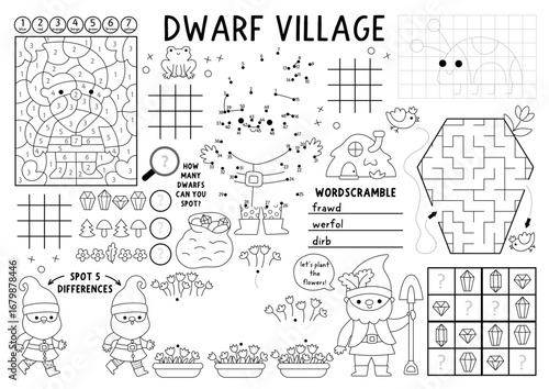 Vector dwarf village placemat for kids. Forest gnome printable activity mat with maze, tic tac toe charts, connect the dots, find difference. Woodland elf black and white play mat or coloring page