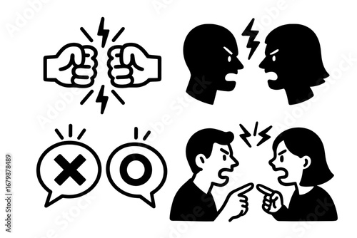 Conflict and argument vector icon set. Angry couple fighting, people shouting. Disagreement, dispute, confrontation symbols. Domestic abuse, relationship problems. Fist clash.
