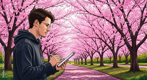 Young Man Using Tablet in a Cherry Blossom Alley with a Cool Background