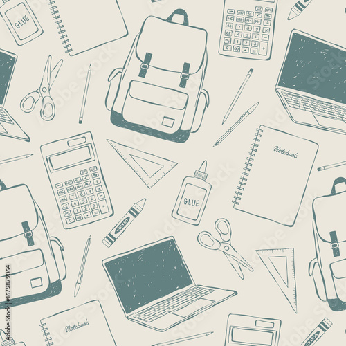 Patrón sin costuras de útiles escolares. Fondo de vuelta a clase. Ilustración minimalista verde y neutro. Estampa dibujada a mano. 