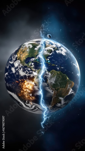 Global planet breaking apart with brilliant powerful lightning. Earth faces catastrophic environmental crisis, worldwide turmoil, uncertain destiny. Drastic transformation.