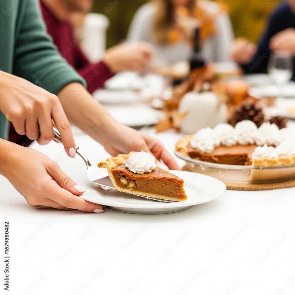 A warm and festive lifestyle shot of an unrecognizable woman's hands serving a sweet pie during a Thanksgiving lunch A warm and festive lifestyle shot of an unrecognizable woman's hands serving a sweet pie during a Thanksgiving lunch