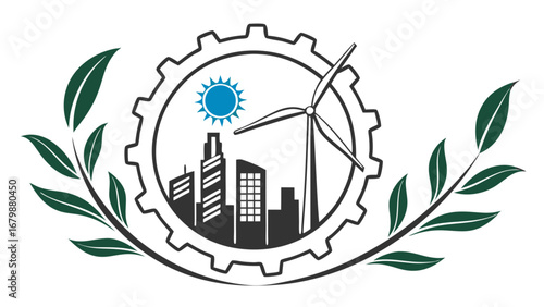 Green energy technology and urban development in a gear symbol with leaves