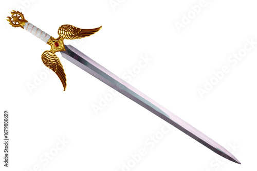 Fantasy sword disposed by diagonal, isolated on white background. Cut out.
