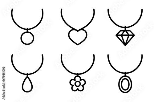 Jewelry line icon set with necklace and pendant. Stylish accessories outline collection. Vector graphic of heart, diamond, flower and gem shapes for fashion design.