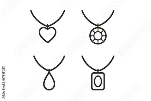 Jewelry necklace pendant line icon set. Stylish fashion accessories outline collection. Vector minimalist illustration with heart, diamond, gemstone and teardrop symbols.