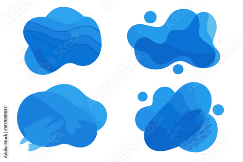 Set of blue abstract liquid shapes with various textures. Modern fluid amoeba blobs with gradient, wave, halftone and brush stroke effects. Vector graphic elements for banner.