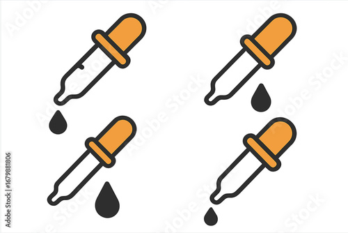 Pipette icon set with drop. Dropper graphic collection. Laboratory equipment for medicine, cosmetic serum, or essential oil. Tincture dispenser symbol. Isolated vector illustration.