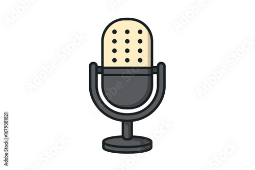 Retro microphone vector icon for music recording, podcast, or radio broadcast. Vintage studio equipment for interviews or karaoke. Sound and voice record symbol illustration.