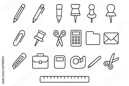 Office supply and stationery outline icon set. Vector linear collection of essential school and business tools like pen, scissors, calculator, pushpin, folder, and ruler.