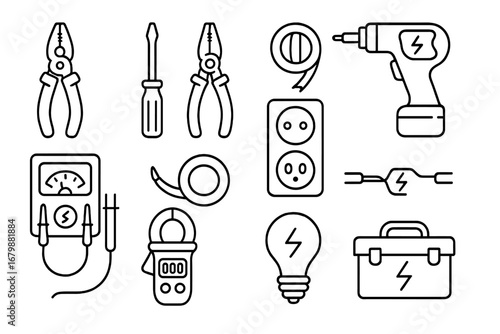 Electrical tools line icon set. Electrician equipment for wiring and repair. Vector outline collection with multimeter, drill, pliers, socket. Electronics service symbols.