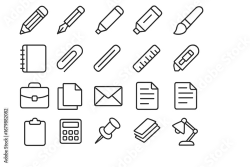 Office and school supplies line icon set. Vector collection of essential business and education tools. Stationery outline symbols including pen, pencil, document, lamp, ruler.