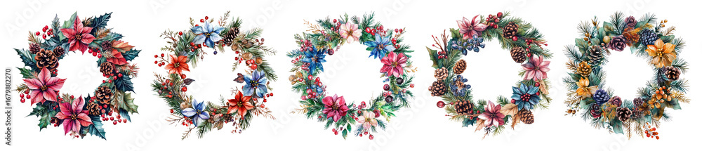 Fototapeta premium PNG Colorful floral wreaths for decoration, element set on transparent background