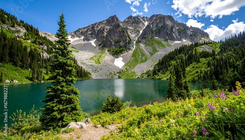 Majestic Mountain Lake Surrounded by Lush Green Forest and Wildflowers Under a Blue Sky.