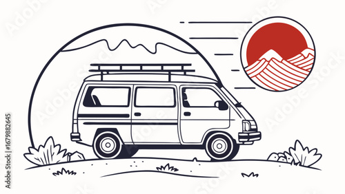Retro camper van driving through mountains with sun graphic