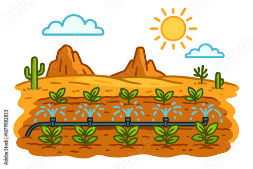 Desert agriculture with drip irrigation system. Smart farming concept. Plant and crop growth. Water conservation in arid climate. Cultivation technology. Sprinkler watering.