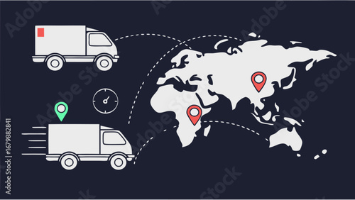 Global logistics and delivery trucks mapping the world with shipping routes