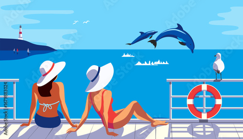 Two Females Sunbathing on Sea Pier Poster. Woman in sun hat enjoy playful dolphins jumping vector illustration. Blue ocean scenic view cartoon. Summer holiday vacation season tourist trip background