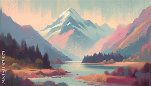 An illustration in the style of oil painting depicting a river flowing through an autumn forest in the mountains. Vector graphics. EPS.